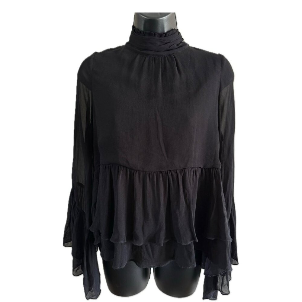 Chan Luu Womens Top XS  Black High Neck Keyhole Tiered Flounce Sleeve READ